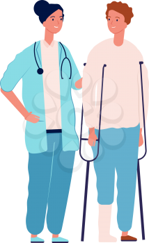Surgery or traumatology. Doctor consulting patient with gypsum leg. Isolated cartoon medical staff, nurse and young man vector illustration. Doctor and patient, surgery health, treatment consultation