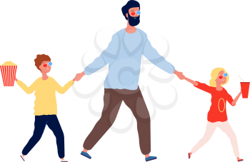 Weekend with father. Man kids going to cinema. Dad with daughter and son with popcorn drink in movie theater vector illustration. Father together child move to cinema to watch movie