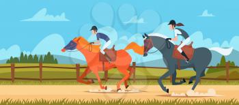 Equestrian sport background. People rides on race horse outdoor vector illustrations in cartoon style. Sport equestrian, horse and jockey running