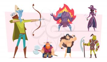 Fantasy characters. Fairytale humans and creatures elf orc demon giant vector cartoon personages. Fantasy character, wizard and magician illustration