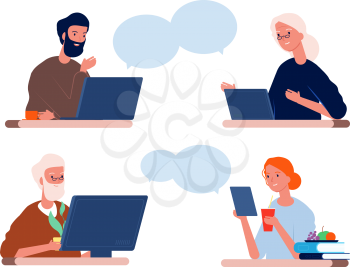 Calling to parents. Man woman talk with old mother and father. Call home, family online video conference vector illustration. Woman and man call to grandmother, family conference video