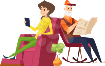 Different generations. Old man vs young woman, father and daughter. Girl reading with smartphone, dad reading newspaper vector illustration. Woman and man reading, newspaper news vs social media
