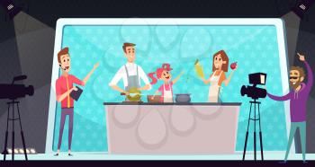 Family cooking show. TV entertainment, parents and child on kitchen. Shooting program with director vector illustration. Family cooking food online show, cook dinner meal