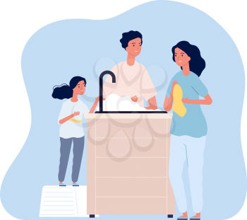 Family washing hands. Woman drying arm with towel, man and girl cleaning with soap foam and water. Self hygiene, virus protection vector illustration. Family hygiene wash and care together