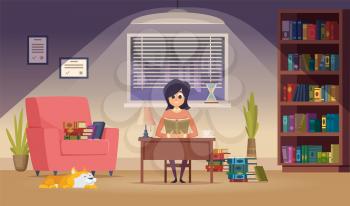 Student preparing for exam. Teacher working, woman reading books in room. Girl with dog studying at night vector illustration. Student education, study to exam, person do homework