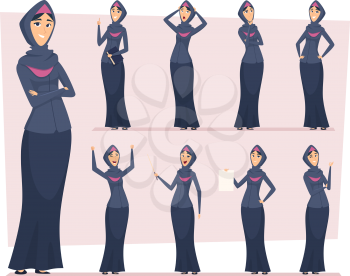 Arabic woman. Saudi muslim business girls in various characters ethnic east vector people. Muslim woman character, saudi cartoon business girl illustration