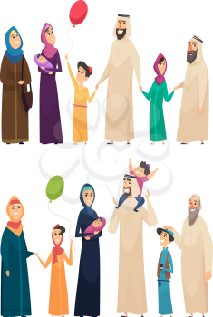 Muslim family. Big arabic happy family saudi people father mother boys girls elders vector characters. Arab muslim together, father and mother husband and wife illustration