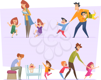 Big family. Tired parents with crazy happy funny active kids in action poses. Vector people father mother children. Illustration family parent tired and kids