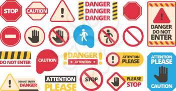 Attention boards. Admittance symbols stop hand red framed attention forbidden vector signs. Danger and forbidden, attention traffic, vector illustration