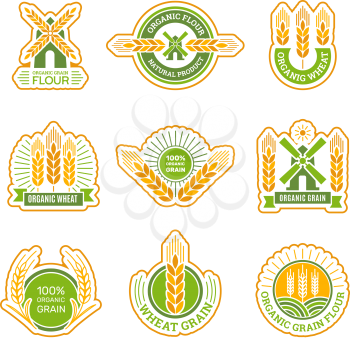 Wheat badges. Field grain farm fresh flour products circle labels vector collection. Agriculture farm logo, wheat flour and grain illustration