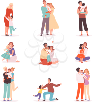 Family embrace. Happy parents hugging smiling kids comforted childhood mother kisses vector cartoon characters. Family hug, cheerful embrace together relationship illustration