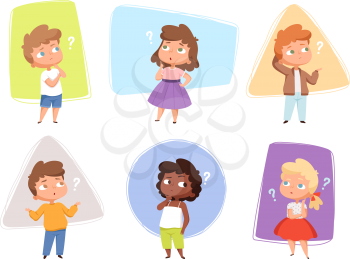 Thinking kids. Children asking question expression and question marks teens vector characters. Kids asking question, expression confuse, puzzled and confused children illustration