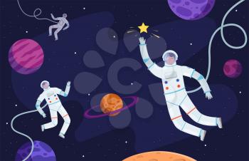 Space background. Astronaut in suit working on asteroids or moon professional cosmonaut vector person. Astronaut and cosmonaut flying in universe illustration