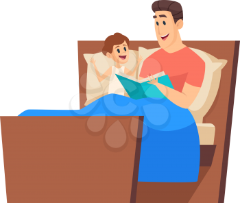 Bedtime story. Father reading to son in bed. Night fairytale, cute boy and man together. Time with daddy vector illustration. Dad bedtime reading book to boy, parent and little kid