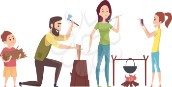 Family on camping trip. Tourists in nature, summer or autumn camp. Man chopped wood, woman cooks on fire vector illustration. Family trip and vacation, travel adventure summer