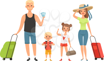 Family tourists. Man woman children with baggage. Isolated travelers go on vacation vector illustration. Man and woman family tourist with kids in airport with baggage