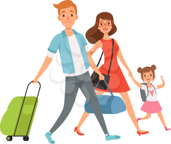 People with suitcase. Family on vacation, travel time. Summer holidays, domestic tourism. Isolated characters vector illustration. Journey holiday, traveler with baggage, travel tourism and vacation