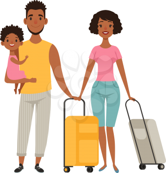 Vacation people with suitcases, family goes on vacation. Cartoon afroamerican characters mom dad daughter vector illustration. Family woman and man with kid and baggage