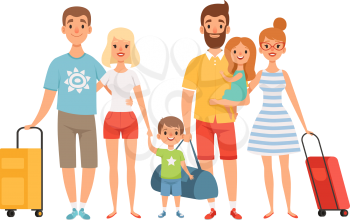 Vacation with friends. Families with children, tourists with luggage and bags. Isolated characters go on vacation vector illustration. Journey holiday, travelling boarding to adventure
