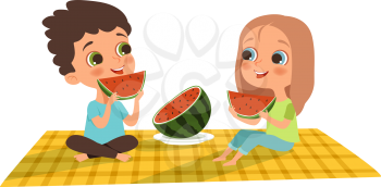 Watermelon season. Boy girl eat watermelon. Summer outdoor activity, friendly picnic on plaid vector illustration. Recreation character eating watermelon, children romance