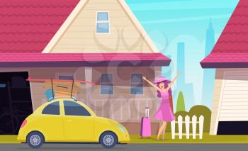 Happy girl go to travel. Road trip, young lady drive to beach. Car with luggage and cartoon cute female near home vector illustration. Travel car transport, woman with luggage near car