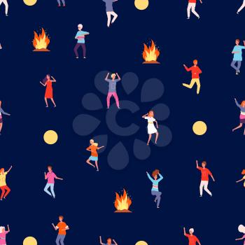 People dancing at night. Party pattern on nature, fire and happy boy girl. Camp evening vector seamless texture. Night party festival pattern, woman and man celebration illustration