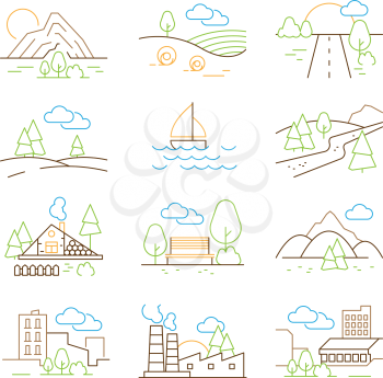 Outline landscapes. Thin line trees building houses outdoor park mountains nature vector panorama pictures collection. Outline landscape, valley and mountain illustration