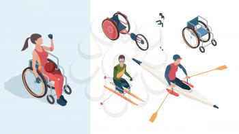Paralympic characters. Disabled sportsmen athletes male and female in summer olympic games vector isometric people. Character in wheelchair handicapped with ball illustration