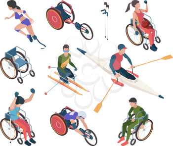 Paralympic games. Athletic disability persons in olympic sport celebration vector isometric characters. Sport in wheelchair, competition for disabled and paralympic illustration