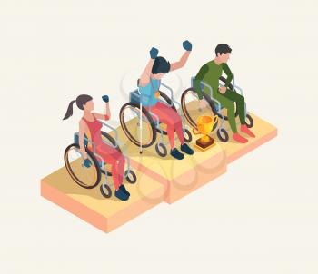 Paralympic people celebration. Olympic games winners with cup prize sport people vector disabled isometric persons. Competition champion handicapped, reward ceremony illustration