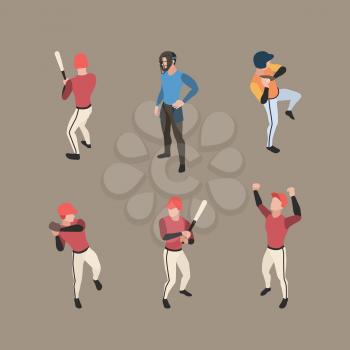 Baseball players. Sport people running bases pitcher baseball vector characters isometric in action poses. Illustration player baseball, pitcher and catcher
