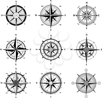 Wind rose set. Travel adventure sailing nautical rose destination directional arrows vector navigation symbols for old map. Illustration travel compass wind rose