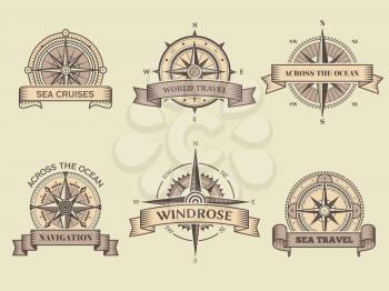 Nautical labels. Wind rose sea compass vector badges marine travel adventure collection design templates. Wind rose logo, exploration nautical, compass sailing illustration