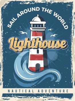 Lighthouse poster. Nautical retro placard with lighthouse travel marine symbols vector. Illustration lighthouse nautical, travel marine poster