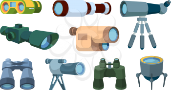 Optical telescope. Binoculars for travellers looking items exploration tools vector collection. Illustration telescope optical and discovery binoculars for expedition
