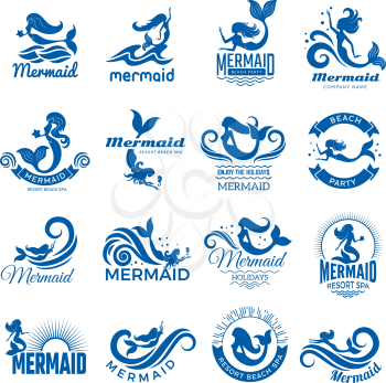 Mermaid silhouettes. Fantasie swimming women with flippers and tails marine mermaid vector emblems collection. Illustration logo mermaid flipper, swimming drawing
