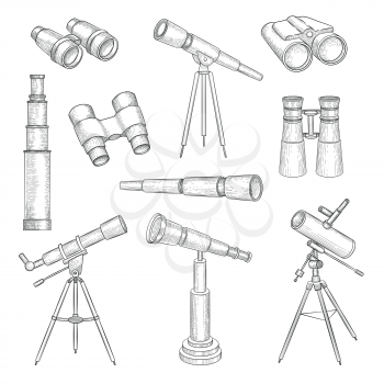Doodle binocular. Explorer equipment for travellers binocular telescope military optics vector hand drawn set. Illustration telescope sketch, equipment lens tool