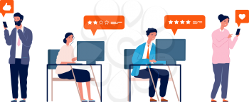 People posting review. Woman man give rating, writing feedback in social media or online store vector illustration. People social review online, post internet