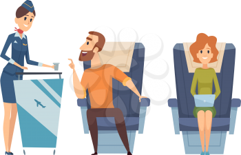 Board service. Stewardess with drink, lunch time. Airplane passengers chat with staff, happy flight vector illustration. Stewardess offer drink to character during flight