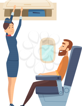 Happy stewardess character. Passenger in airplane sitting in chair on board, woman from staff with luggage vector illustration. Character stewardess in cartoon airplane and man passenger