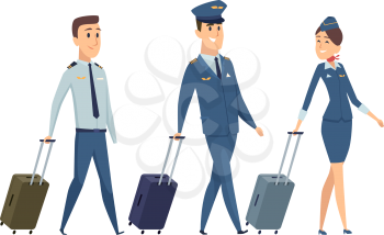 Plane team. Isolated pilot, navigator and stewardess with suitcases. Happy airplane staff going to board vector illustration. Flight aviation team, captain commanding attendants