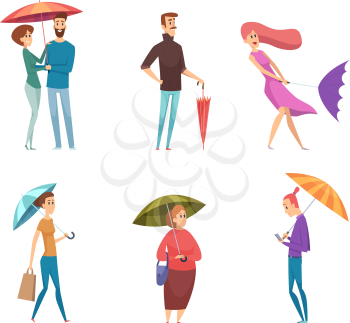 Umbrella people. Depressed characters in raining day holding and walking with umbrellas vector adults. Illustration people with umbrella, rain and wind