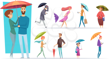 People with umbrella. Raining day walking adults male and female holding umbrella in hands vector characters. Illustration man protect raincoat, people downpour