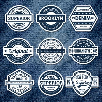 Graphic jeans badges. Jacket patch emblem embroidery vintage college stamp athletics urban style vector set. Illustration badge clothing, apparel denim wear
