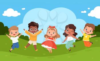 Jumping kids in playground. Sunny weather and playing happy group of children summer camping relax vector joyful holiday background. Summer kindergarten outdoor, playground park illustration