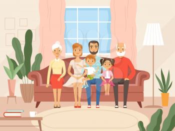 Big family. Mother father kids and grandparents happy characters smiling faces sitting in living room. Vector cartoon background. Happy family sit on sofa, grandmother and grandfather illustration