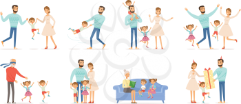 Family characters. Happy kids with parents in action poses father childrens mother and grandparents couples of family groups vector people. Illustration happy family character action