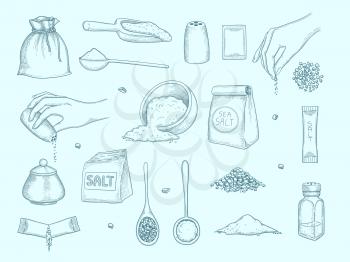 Salt collection. Ingredient for food hands with salt shaker kitchenware items for preparing food peppers vector hand drawn set. Salt heap and preparation to cooking illustration