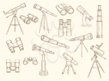 Telescope hand drawn. Retro gadgets for explorer people military optic binoculars vector doodle pictures. Telescope for school education, spyglass equipment illustration