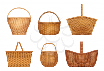Wicker basket. Handcraft decorative picnic containers for nature products vector realistic illustrations. Basket wicker, container handmade for picnic and easter